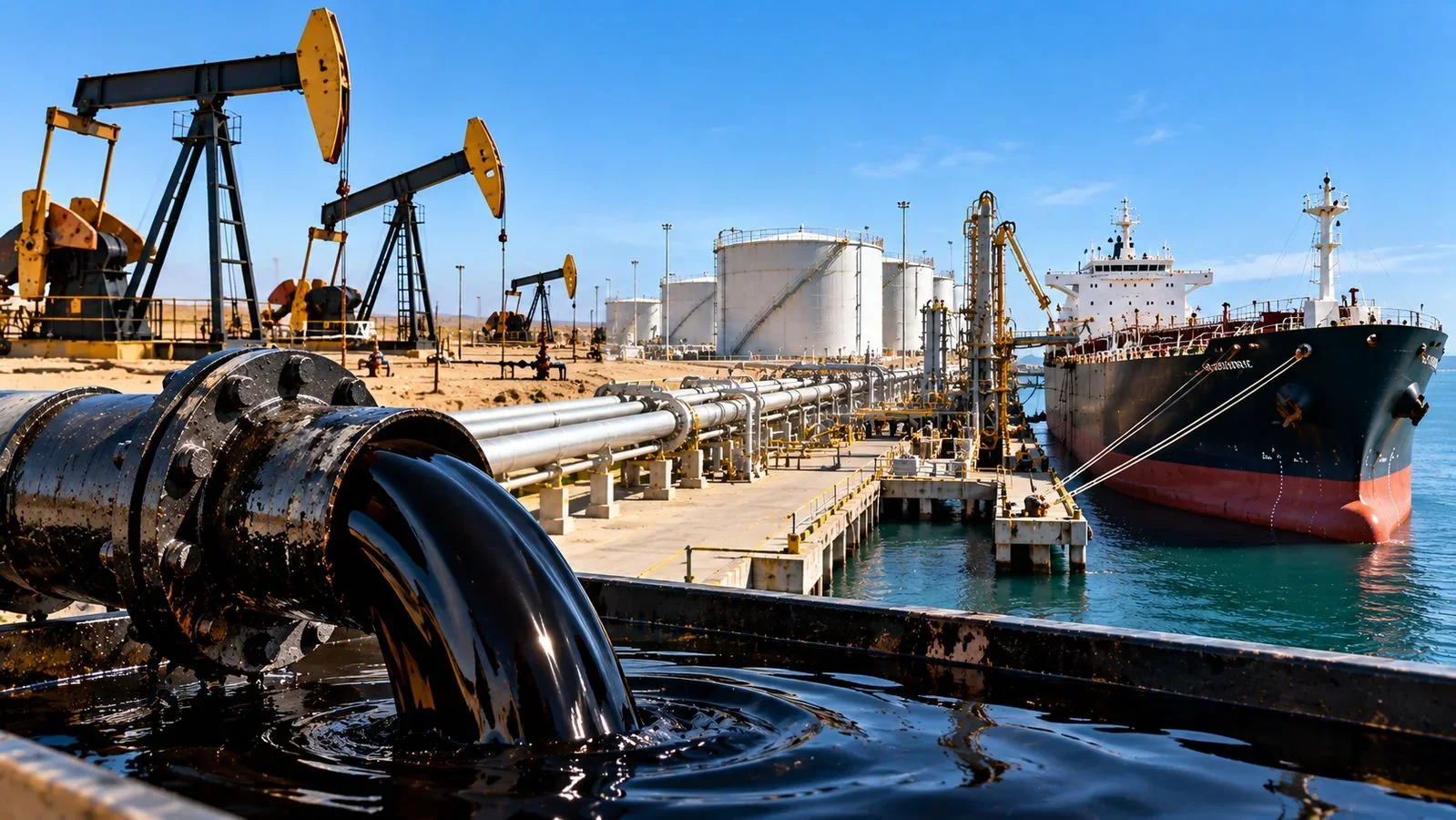 Oil terminal with pumpjacks, storage tanks and a tanker at the berth
