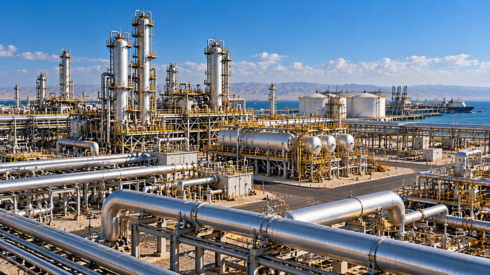 Refinery distillation columns, pipework and storage tanks beside the sea