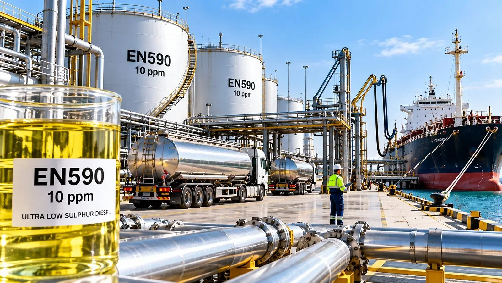 EN590 10ppm storage tanks, tanker trucks and a product tanker at a port terminal