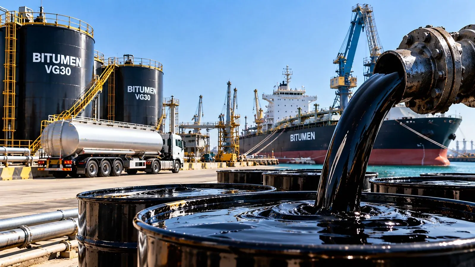 Bitumen VG30 storage tanks, drums, tanker truck and ship at a port