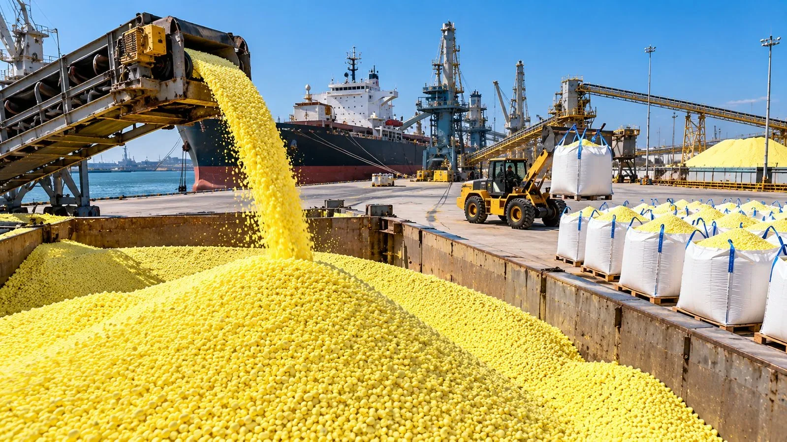 Yellow granular sulphur loading onto a bulk carrier with big bags on the quay