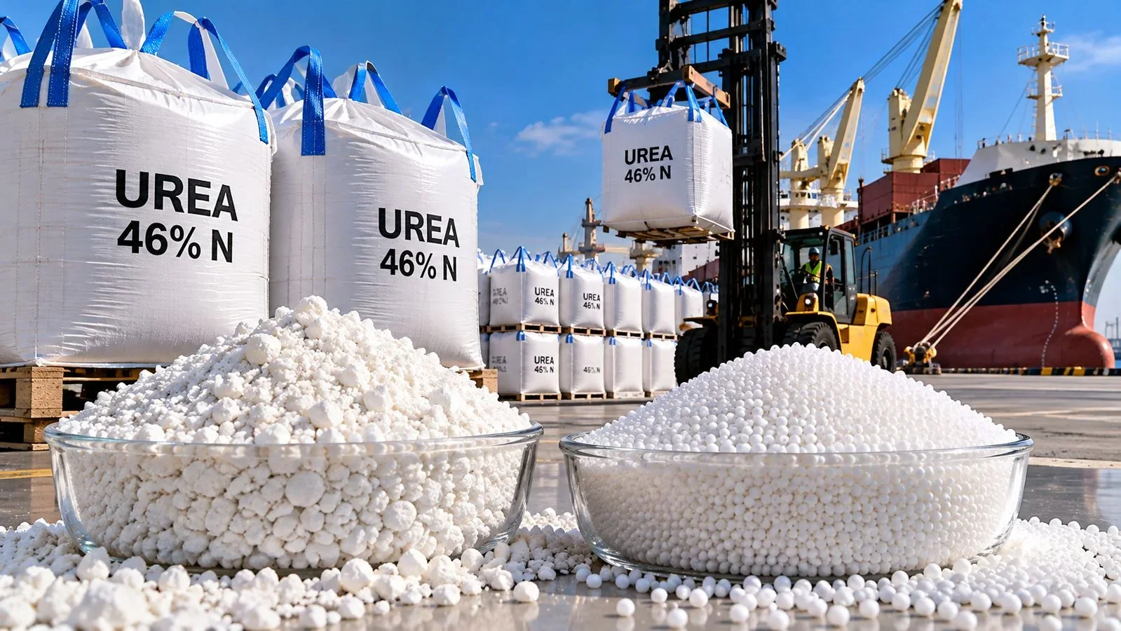Urea 46% N big bags, granular and prilled urea beside a bulk carrier
