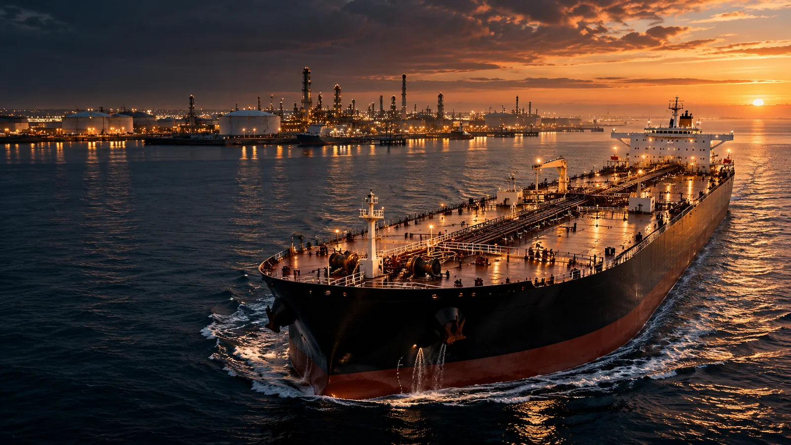 Crude oil tanker at sunset off a lit refinery and tank terminal