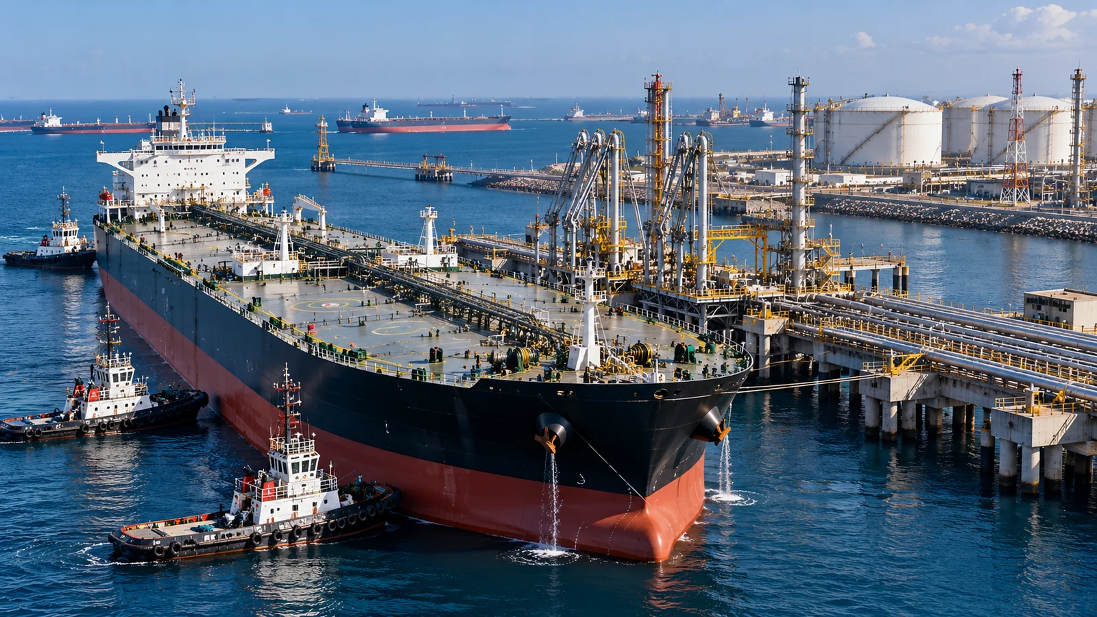 Tanker berthed at a loading jetty with tugs and storage tanks